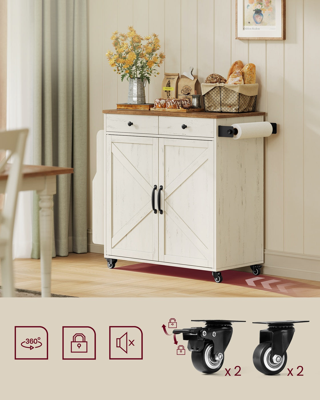 VASAGLE Mobile Kitchen Island, Portable Island with Spice Rack, Mobile Cart with Storage Cabinet – Rustic White, Honey Brown