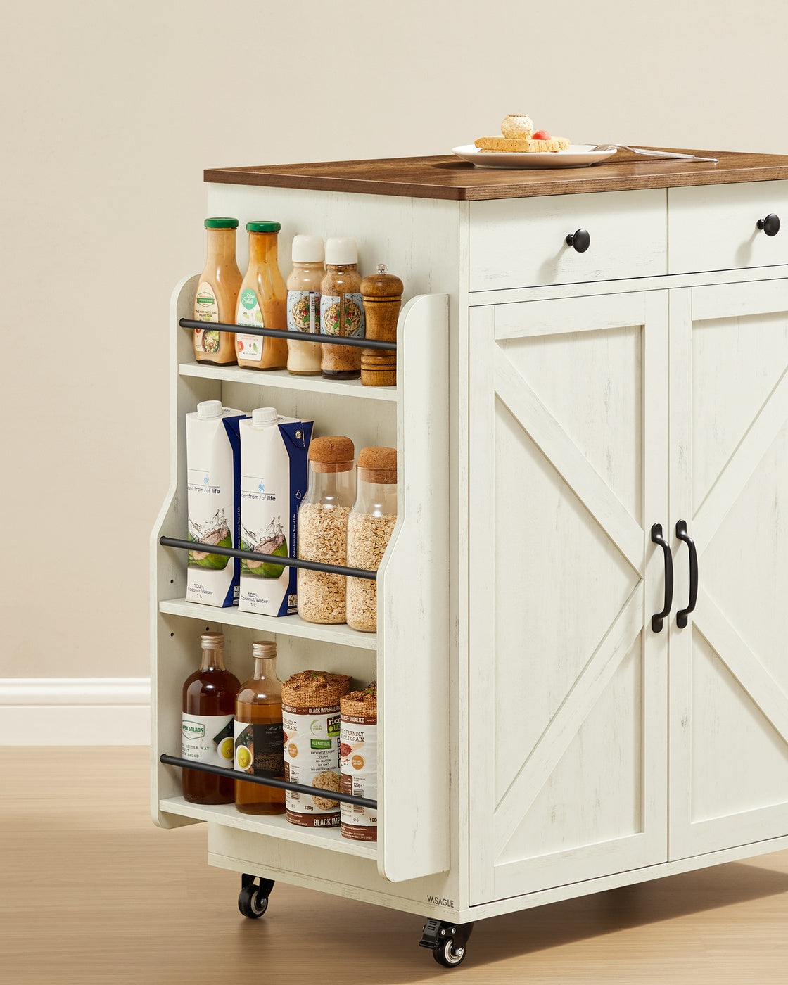 VASAGLE Mobile Kitchen Island, Portable Island with Spice Rack, Mobile Cart with Storage Cabinet – Rustic White, Honey Brown