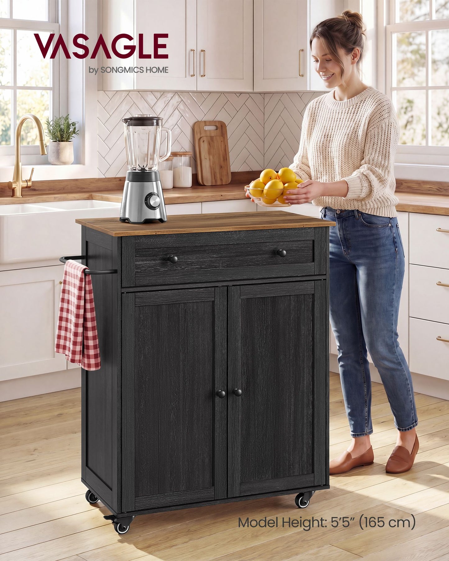 VASAGLE Wooden Mobile Kitchen Island Cart with Storage – Charcoal Gray, Honey Brown