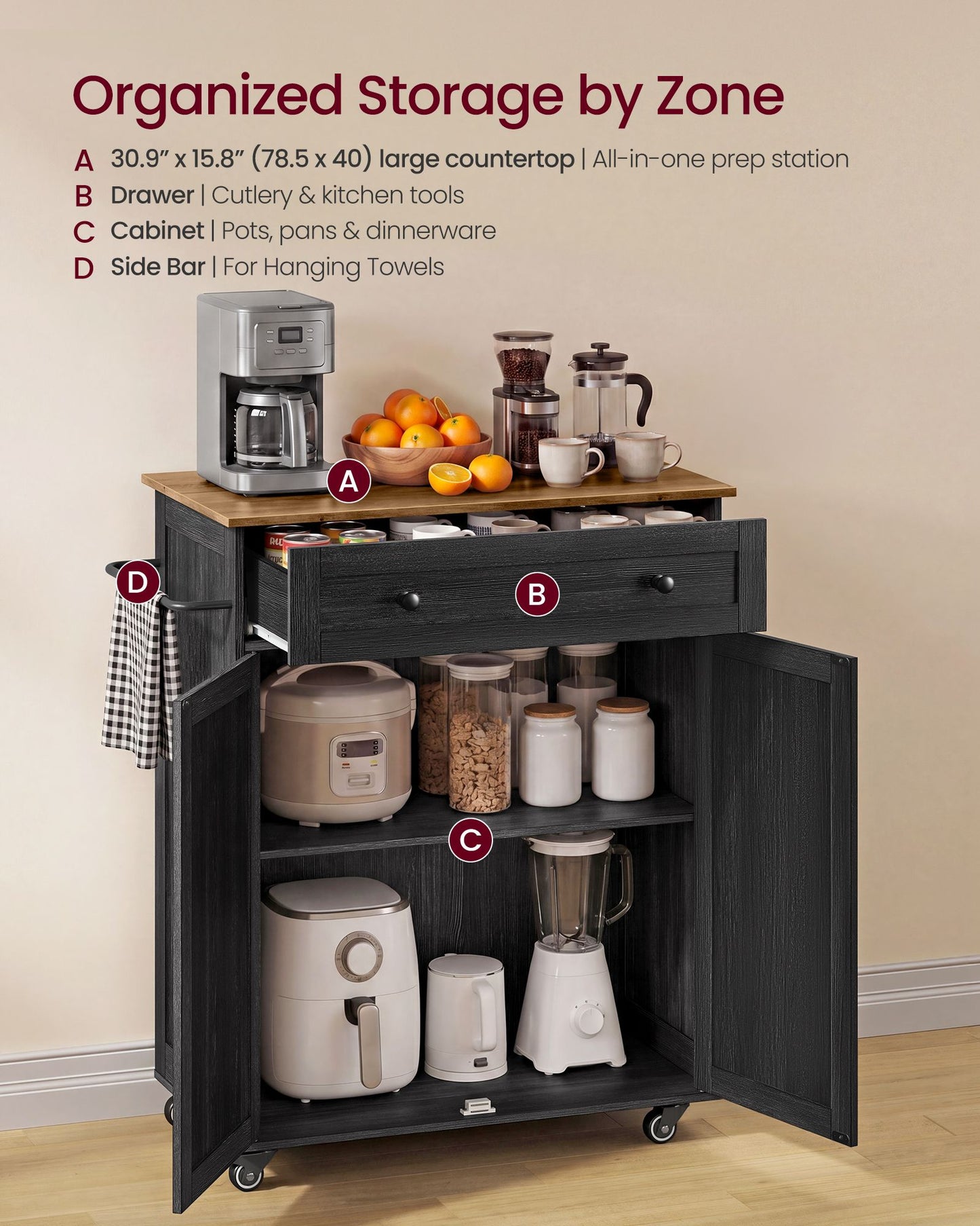 VASAGLE Wooden Mobile Kitchen Island Cart with Storage – Charcoal Gray, Honey Brown