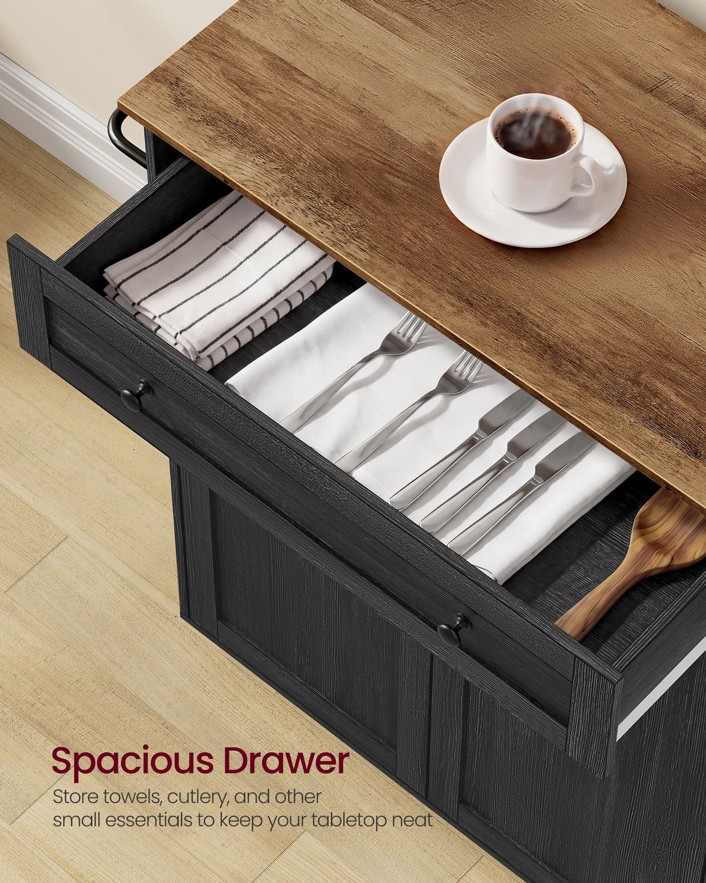 VASAGLE Wooden Mobile Kitchen Island Cart with Storage – Charcoal Gray, Honey Brown