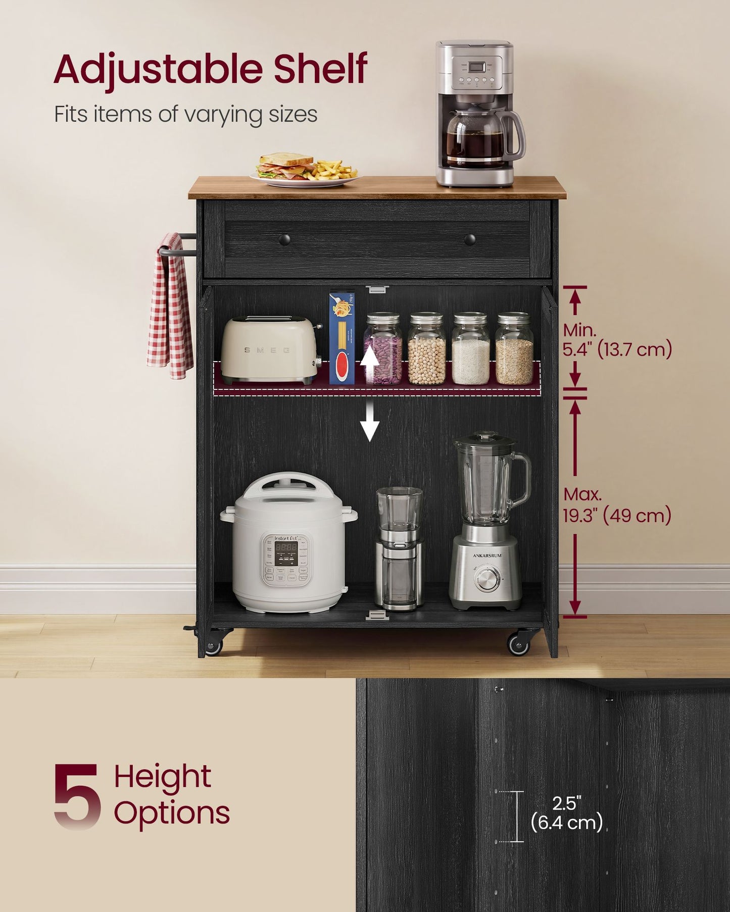 VASAGLE Wooden Mobile Kitchen Island Cart with Storage – Charcoal Gray, Honey Brown