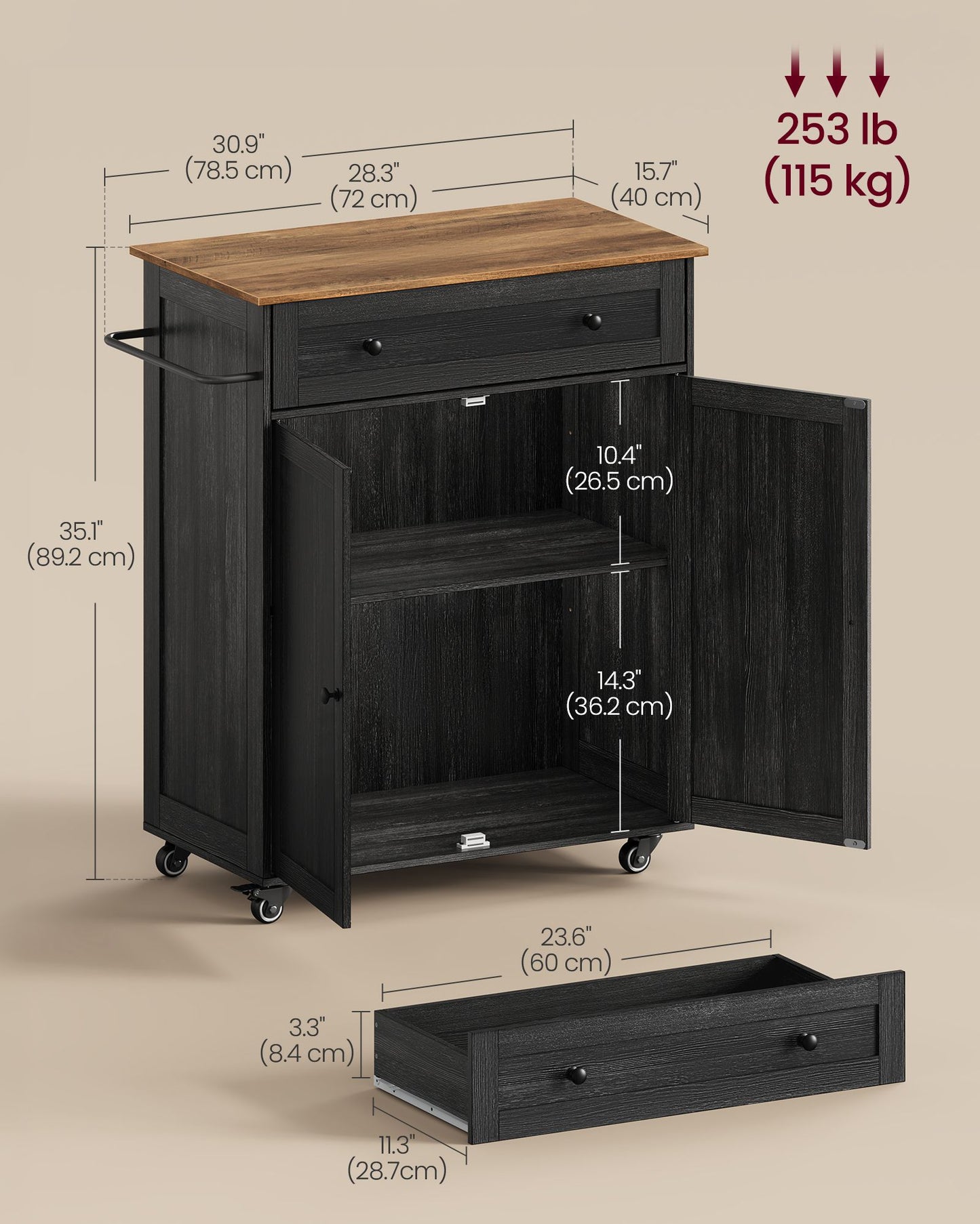 VASAGLE Wooden Mobile Kitchen Island Cart with Storage – Charcoal Gray, Honey Brown