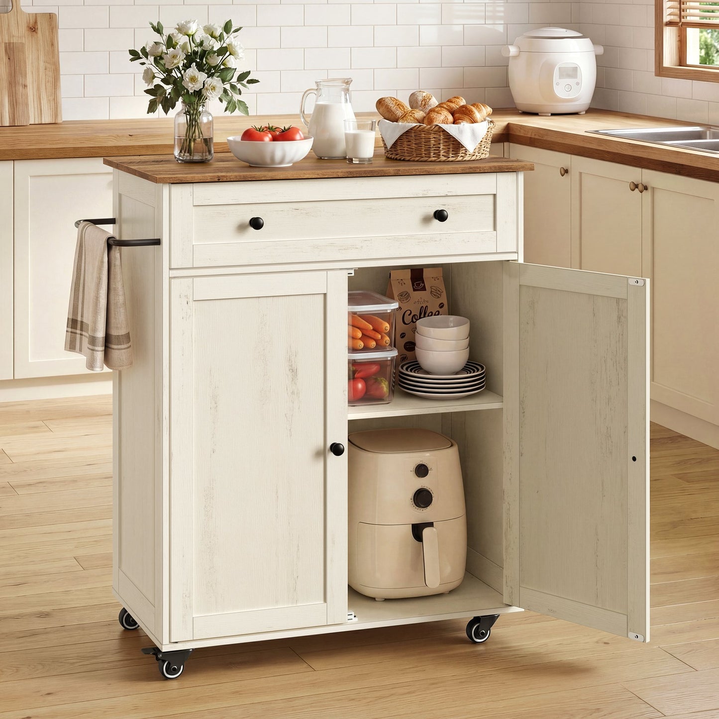 VASAGLE Mobile Kitchen Island – Rustic White, Honey Brown – 15.8"D x 30.9"W x 35.1"H
