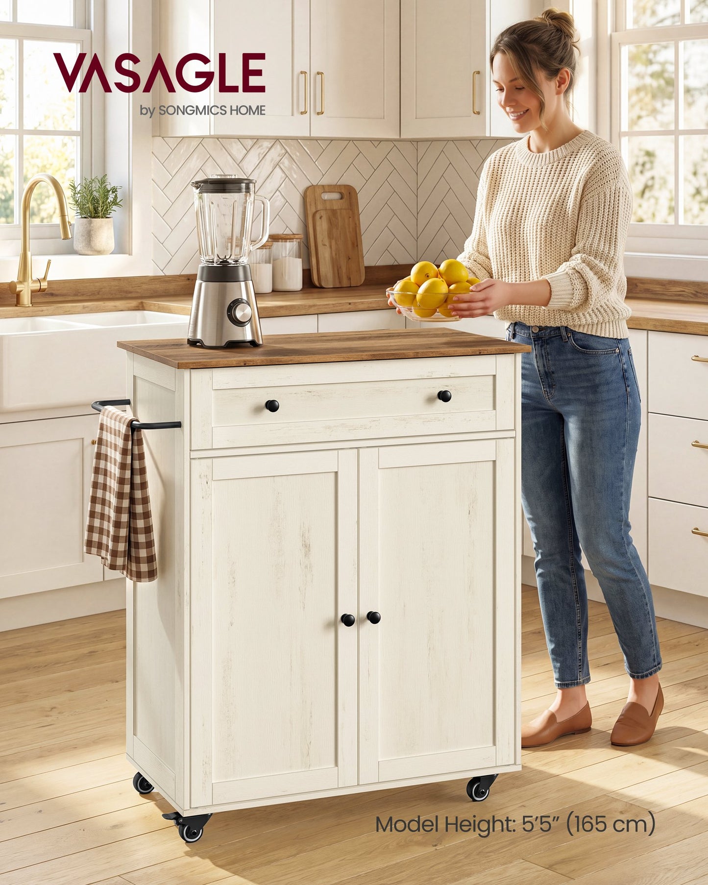 VASAGLE Mobile Kitchen Island – Rustic White, Honey Brown – 15.8"D x 30.9"W x 35.1"H