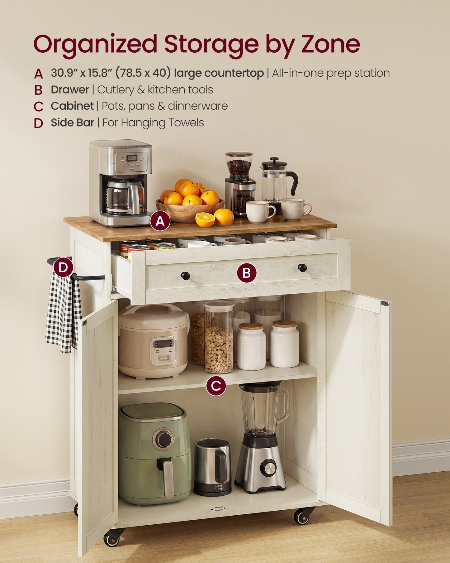 VASAGLE Mobile Kitchen Island – Rustic White, Honey Brown – 15.8"D x 30.9"W x 35.1"H