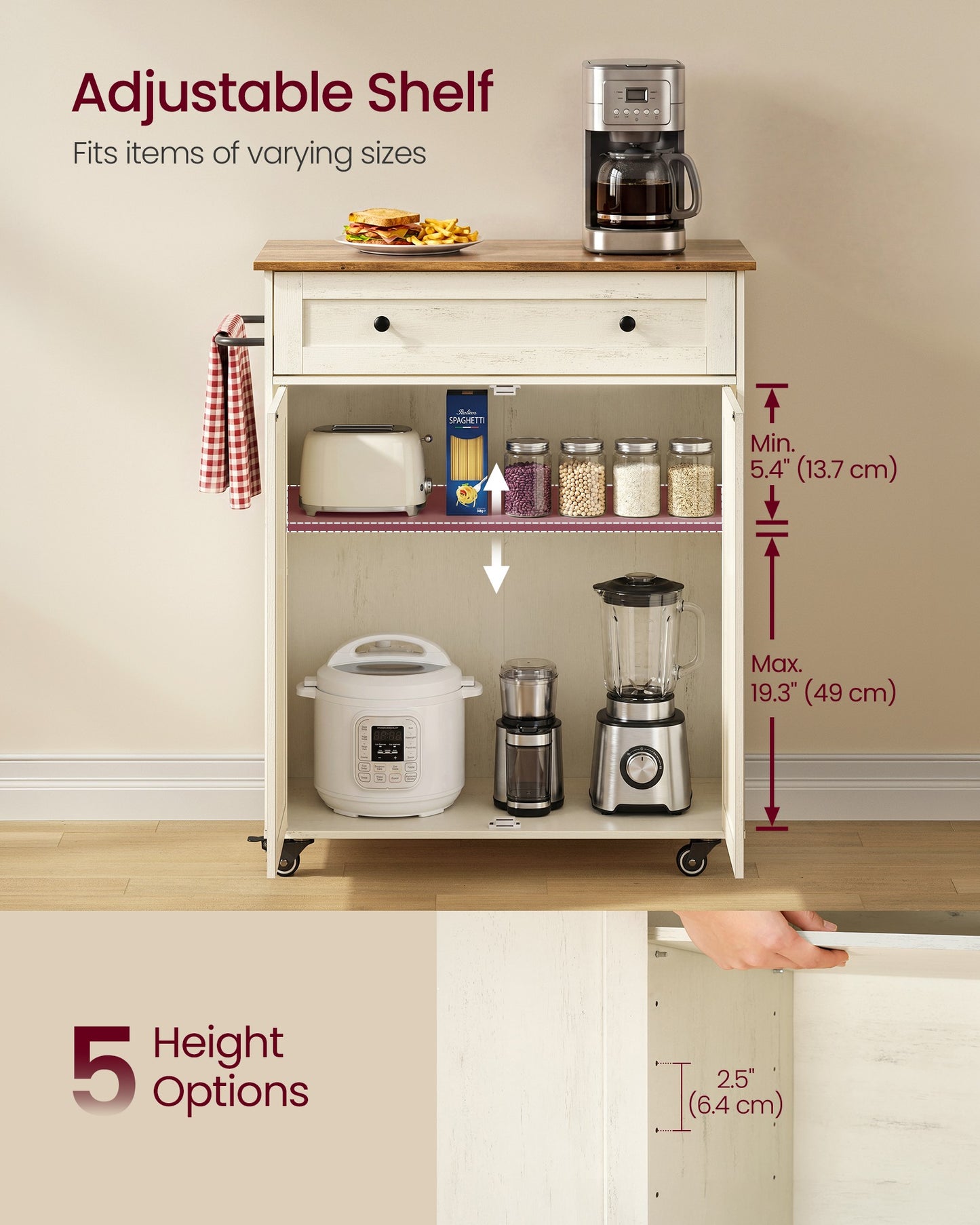 VASAGLE Mobile Kitchen Island – Rustic White, Honey Brown – 15.8"D x 30.9"W x 35.1"H