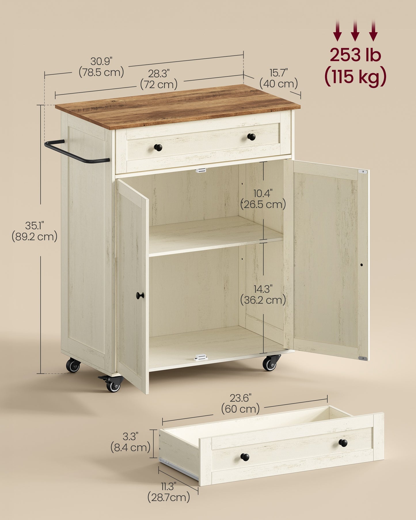 VASAGLE Mobile Kitchen Island – Rustic White, Honey Brown – 15.8"D x 30.9"W x 35.1"H