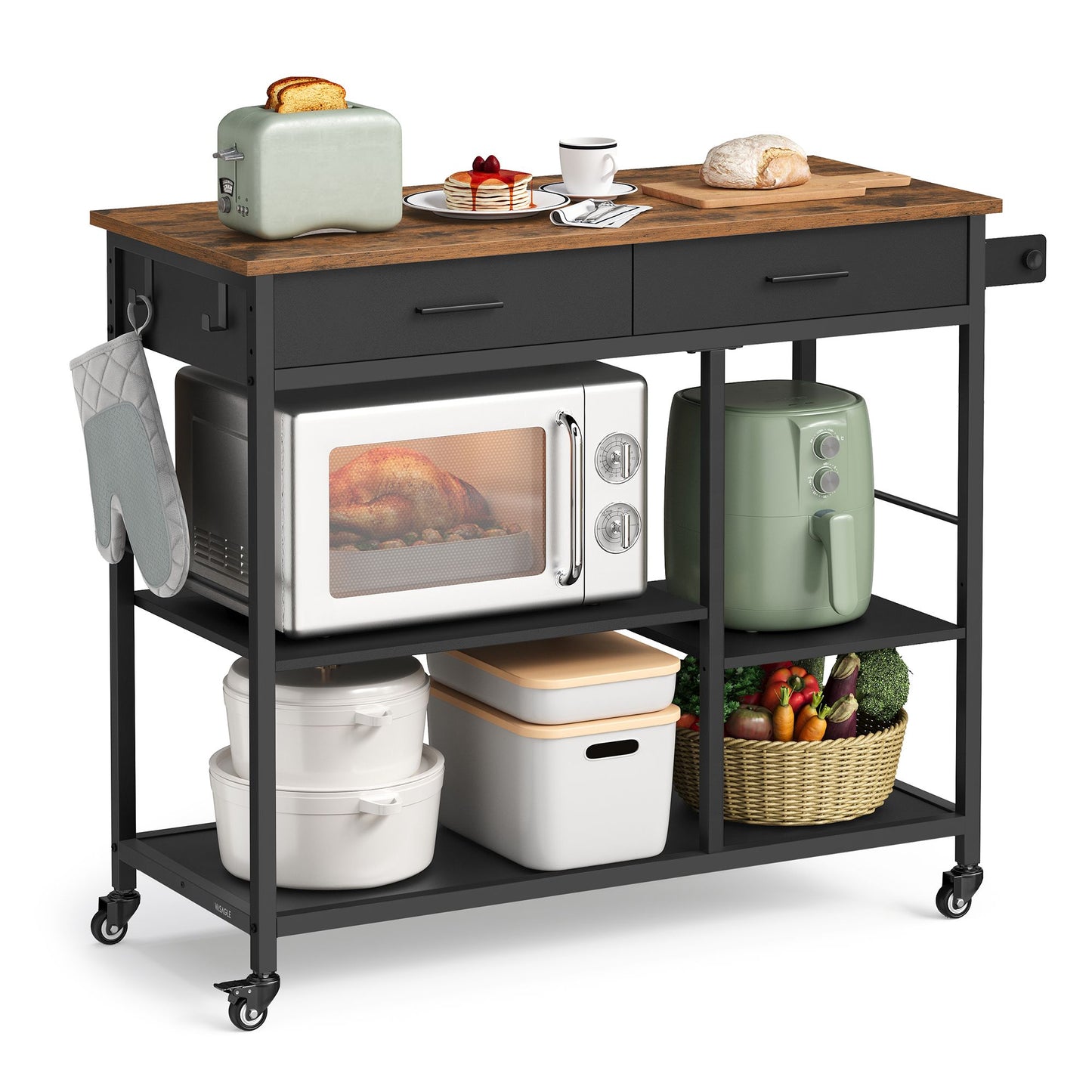 VASAGLE Kitchen Rolling Island – Rustic Brown and Ink Black