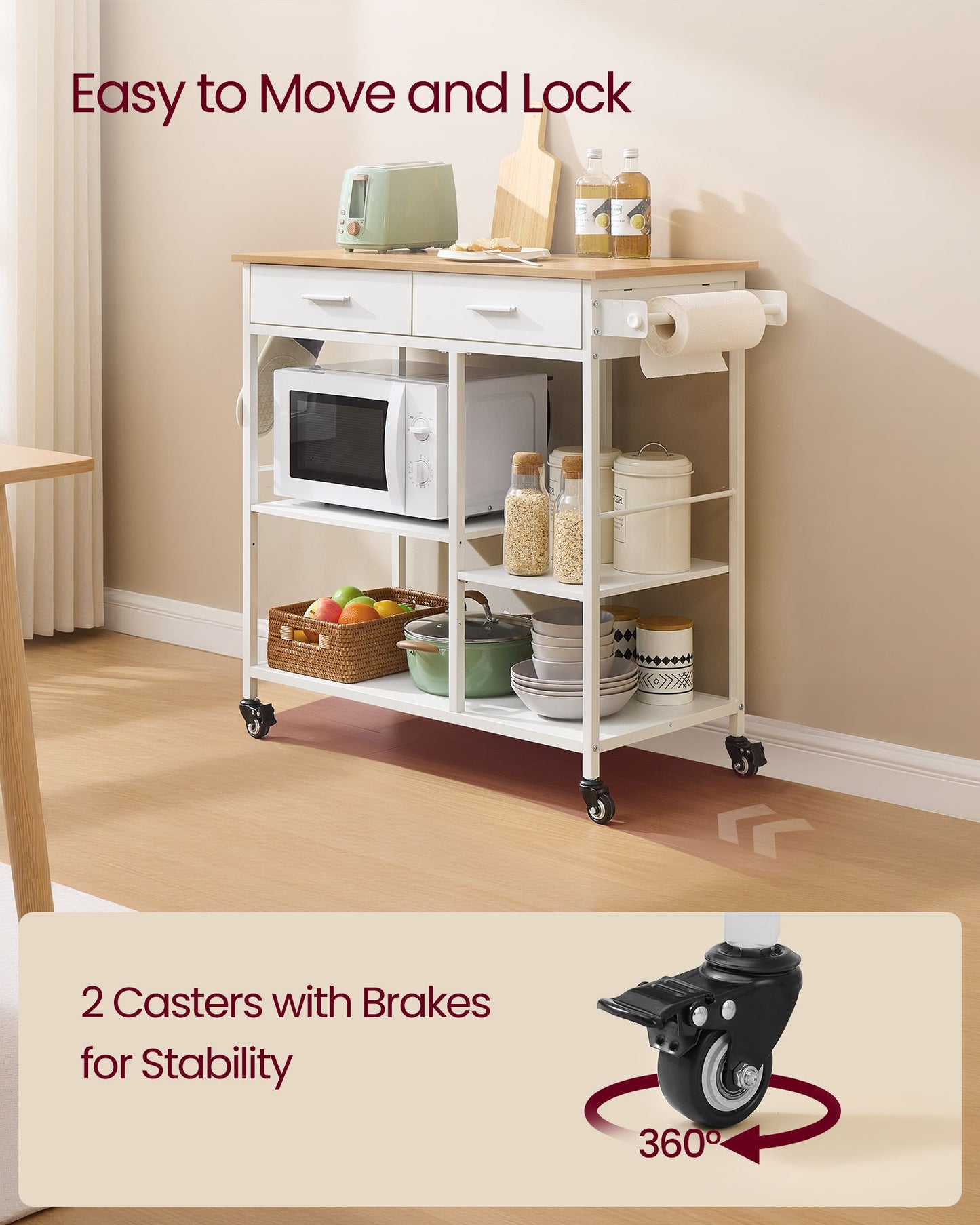 VASAGLE Kitchen Rolling Island, Mobile Kitchen Cart with Storage On Wheels – Oak Beige, Matte White – 17.7"D x 38.8"W x 35.4"H