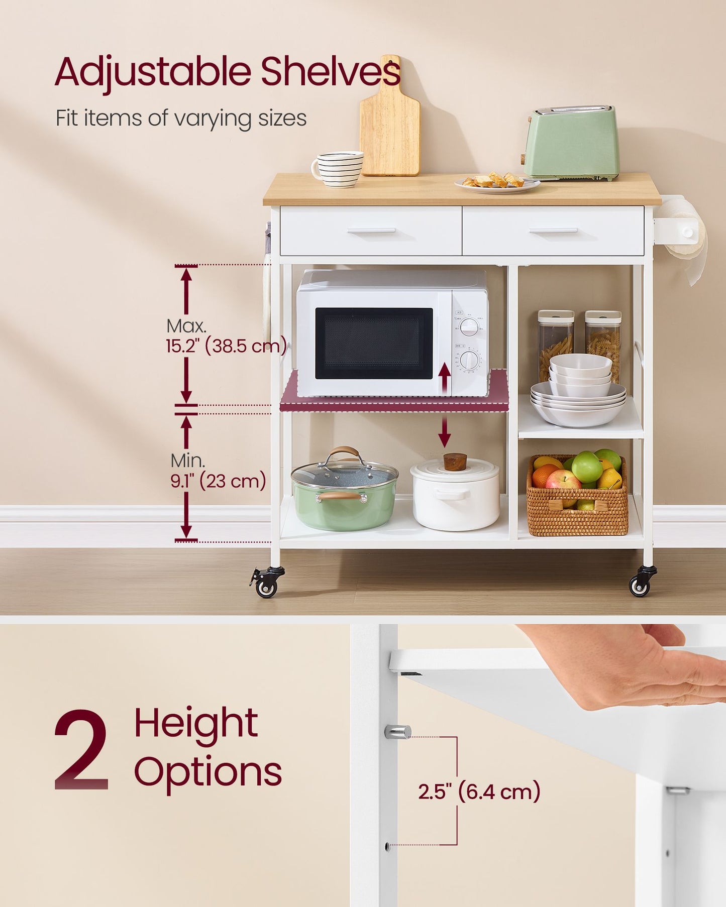 VASAGLE Kitchen Rolling Island, Mobile Kitchen Cart with Storage On Wheels – Oak Beige, Matte White – 17.7"D x 38.8"W x 35.4"H