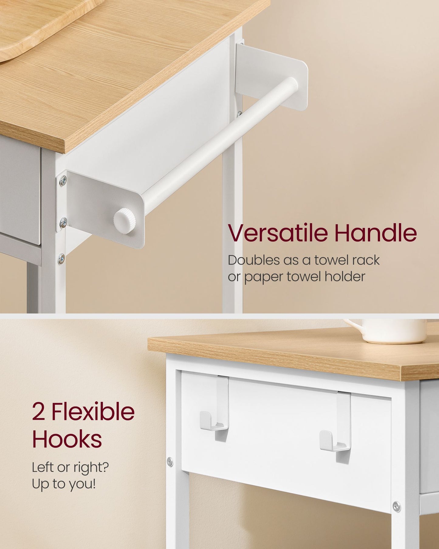 VASAGLE Kitchen Rolling Island, Mobile Kitchen Cart with Storage On Wheels – Oak Beige, Matte White – 17.7"D x 38.8"W x 35.4"H