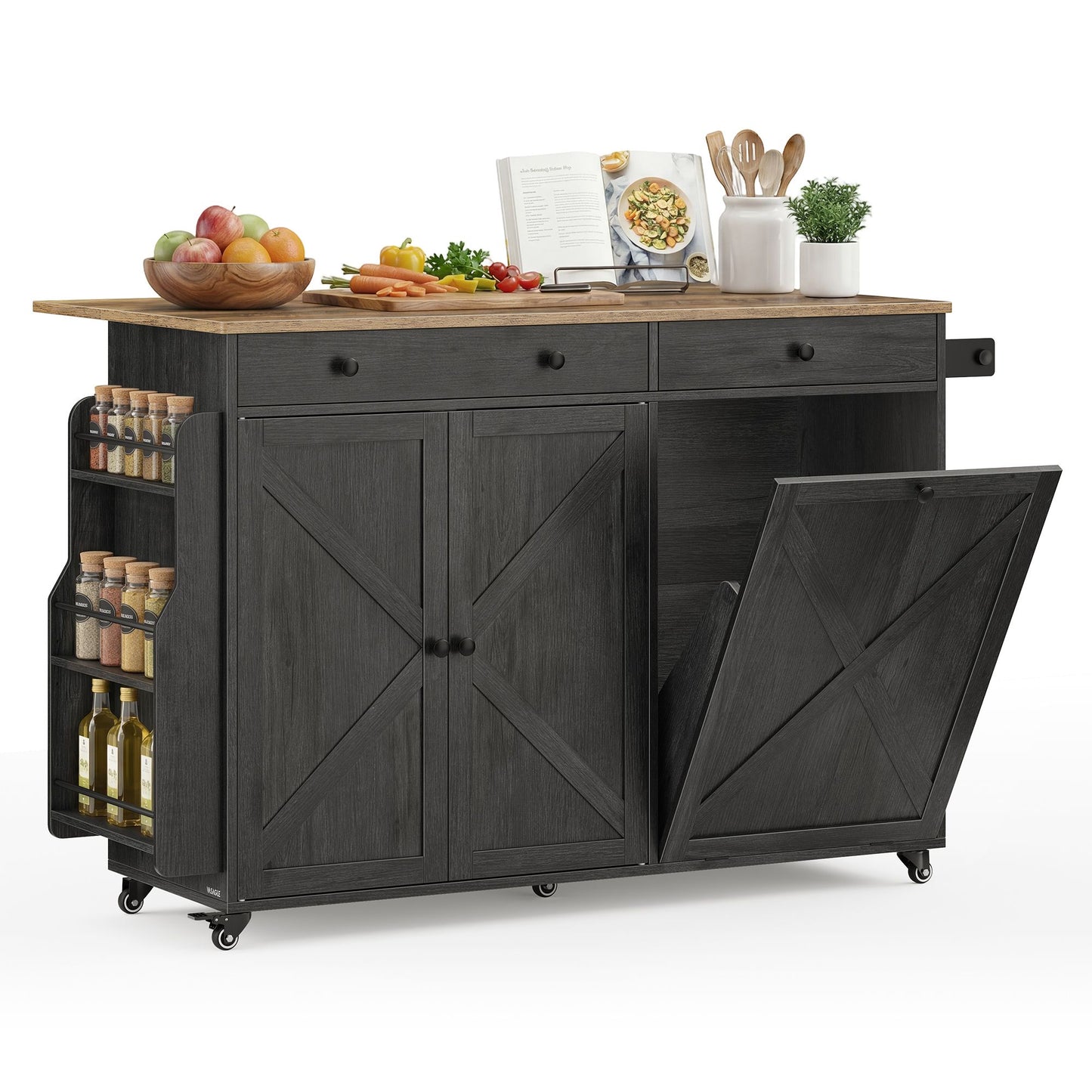 VASAGLE Mobile Kitchen Island with Trash Can Storage, Drop Leaf, Portable Island with Spice Rack | UKKI014BJ01S