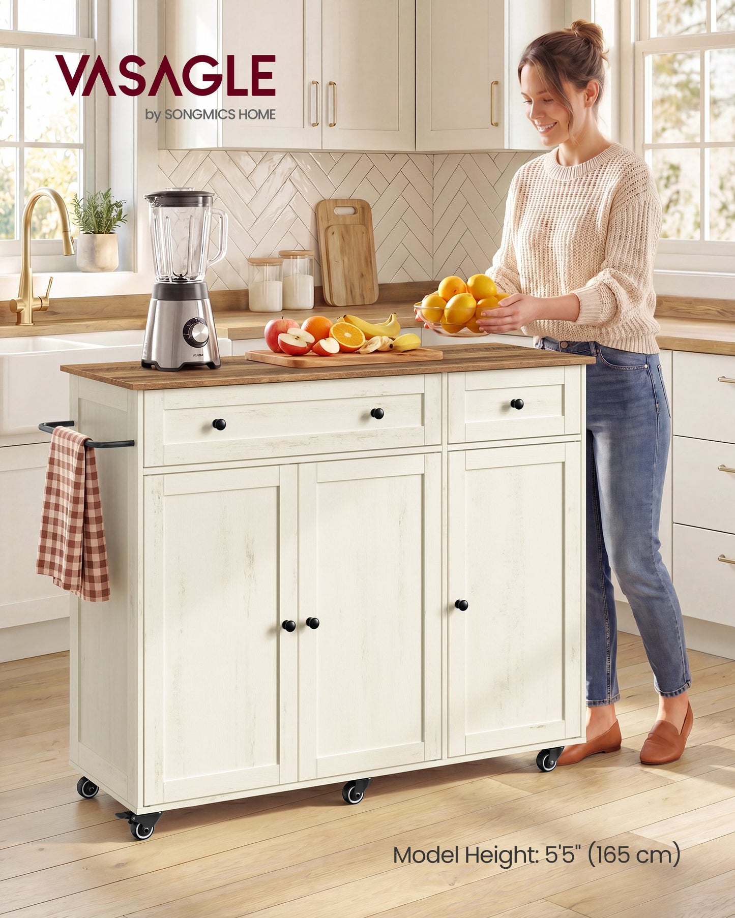VASAGLE Mobile Kitchen Island – Cloud White, Warm Earth Brown
