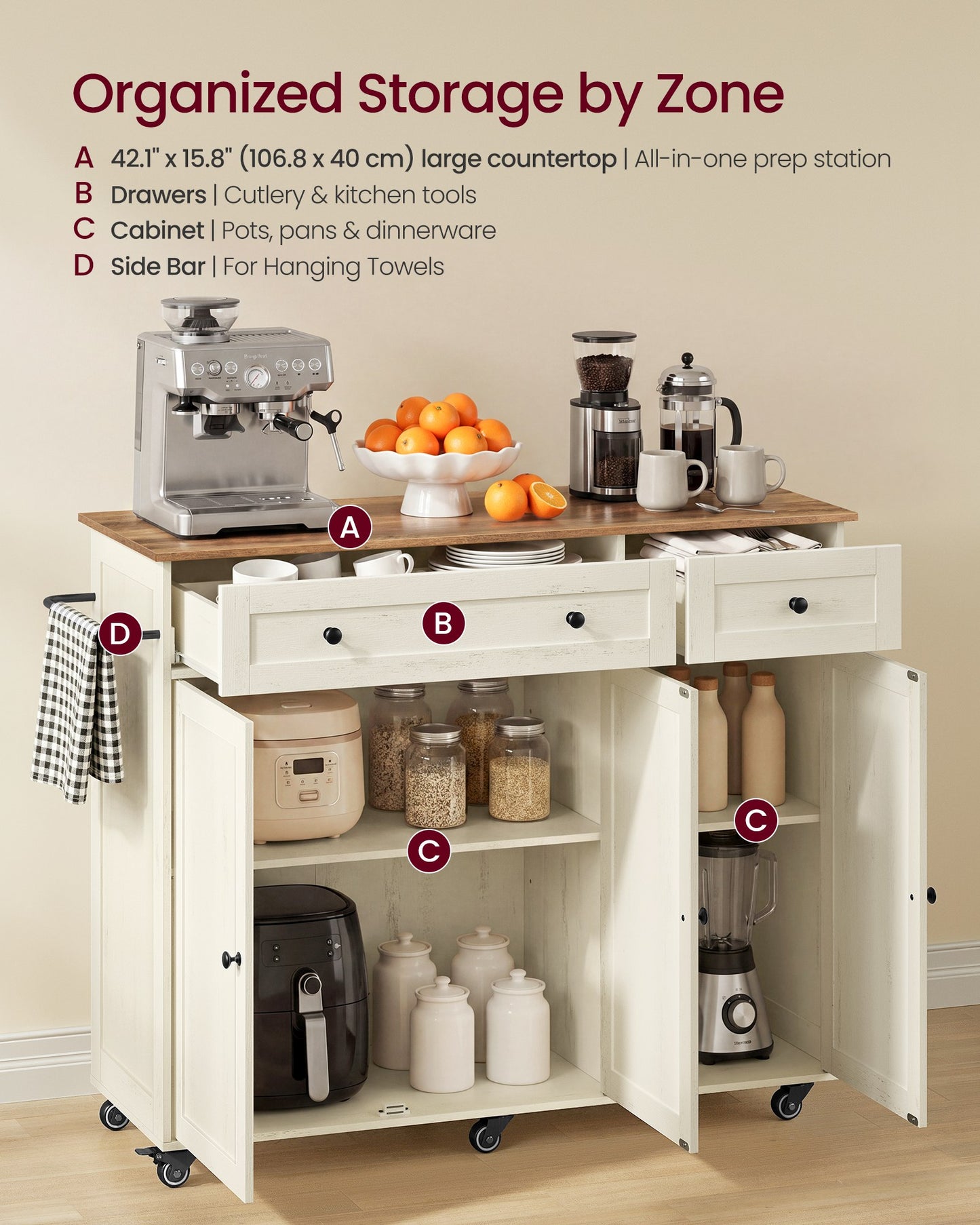 VASAGLE Mobile Kitchen Island – Cloud White, Warm Earth Brown