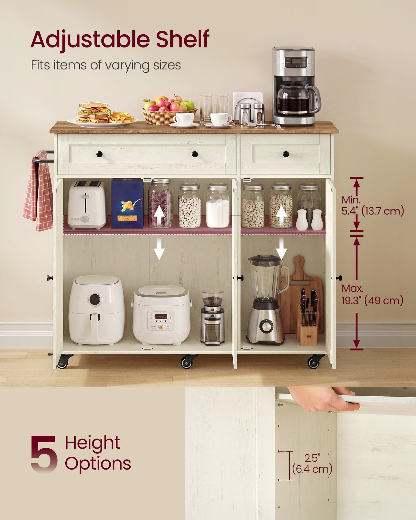 VASAGLE Mobile Kitchen Island – Cloud White, Warm Earth Brown