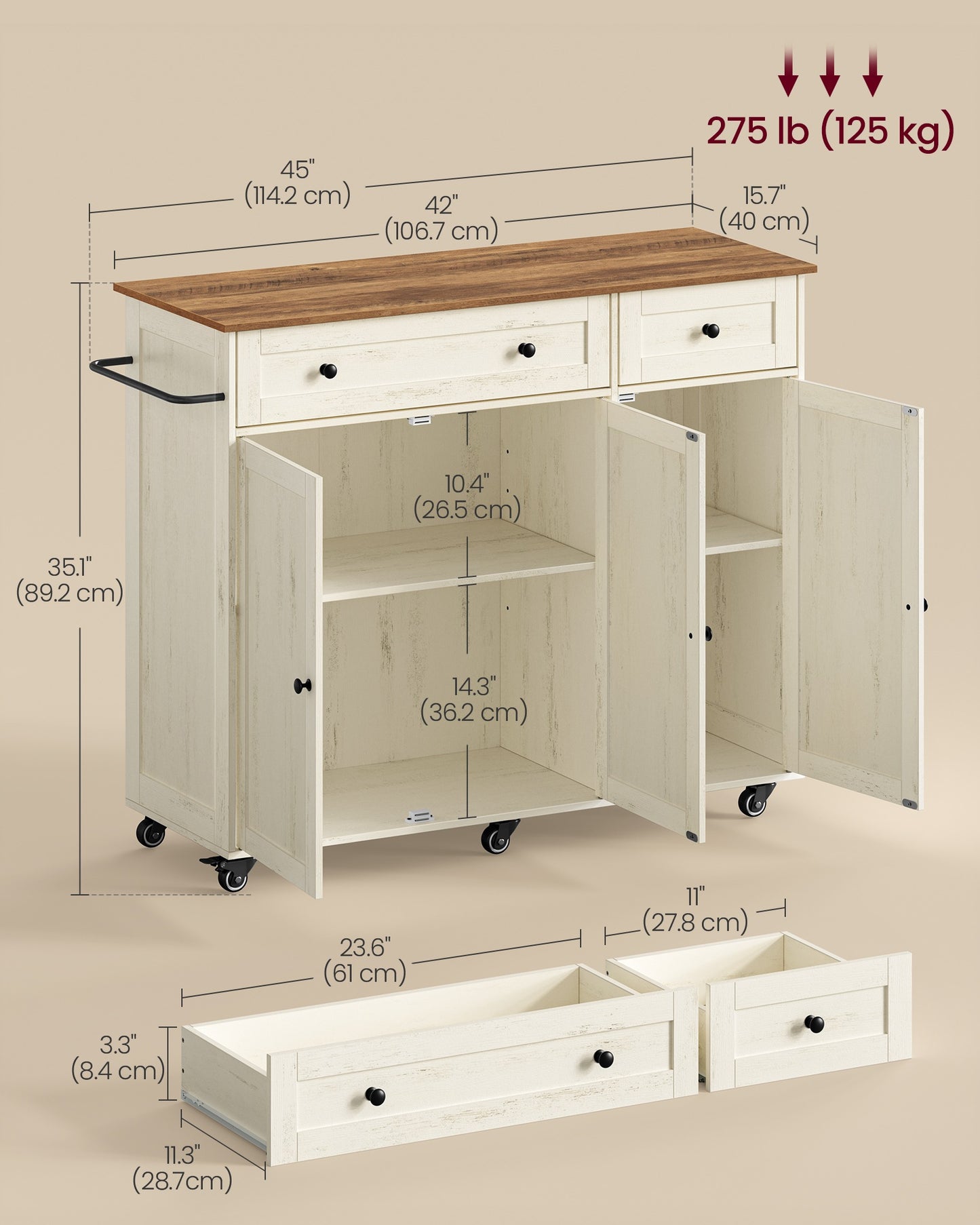 VASAGLE Mobile Kitchen Island – Cloud White, Warm Earth Brown