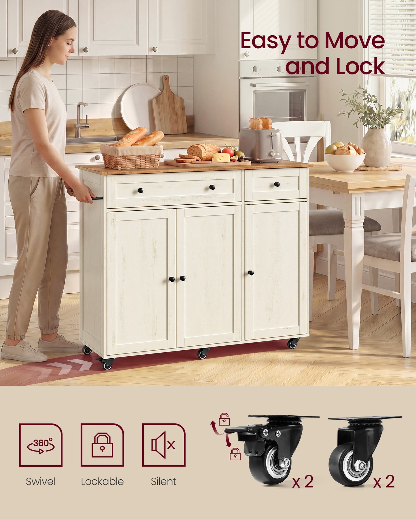 VASAGLE Mobile Kitchen Island – Cloud White, Warm Earth Brown