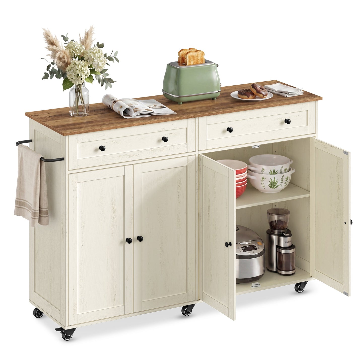 VASAGLE Mobile Kitchen Island – Rustic White, Honey Brown – 15.8"D x 53.7"W x 35.1"H