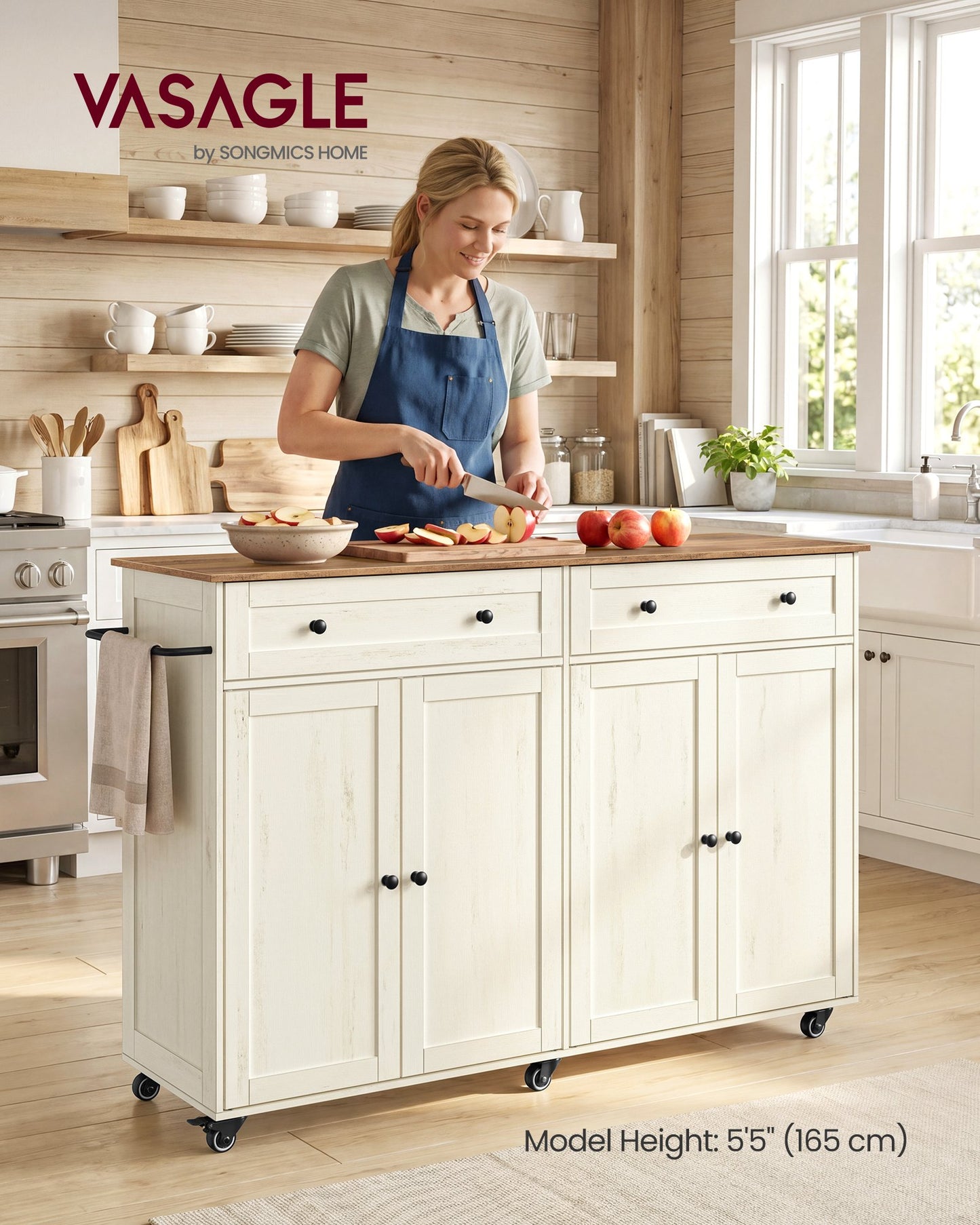 VASAGLE Mobile Kitchen Island – Rustic White, Honey Brown – 15.8"D x 53.7"W x 35.1"H