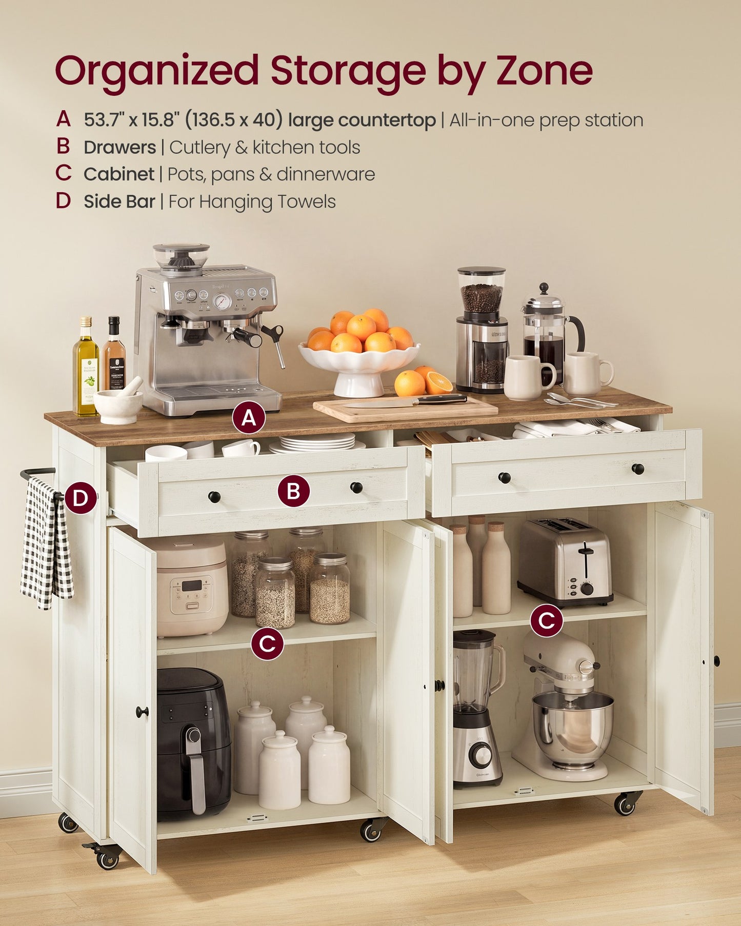 VASAGLE Mobile Kitchen Island – Rustic White, Honey Brown – 15.8"D x 53.7"W x 35.1"H