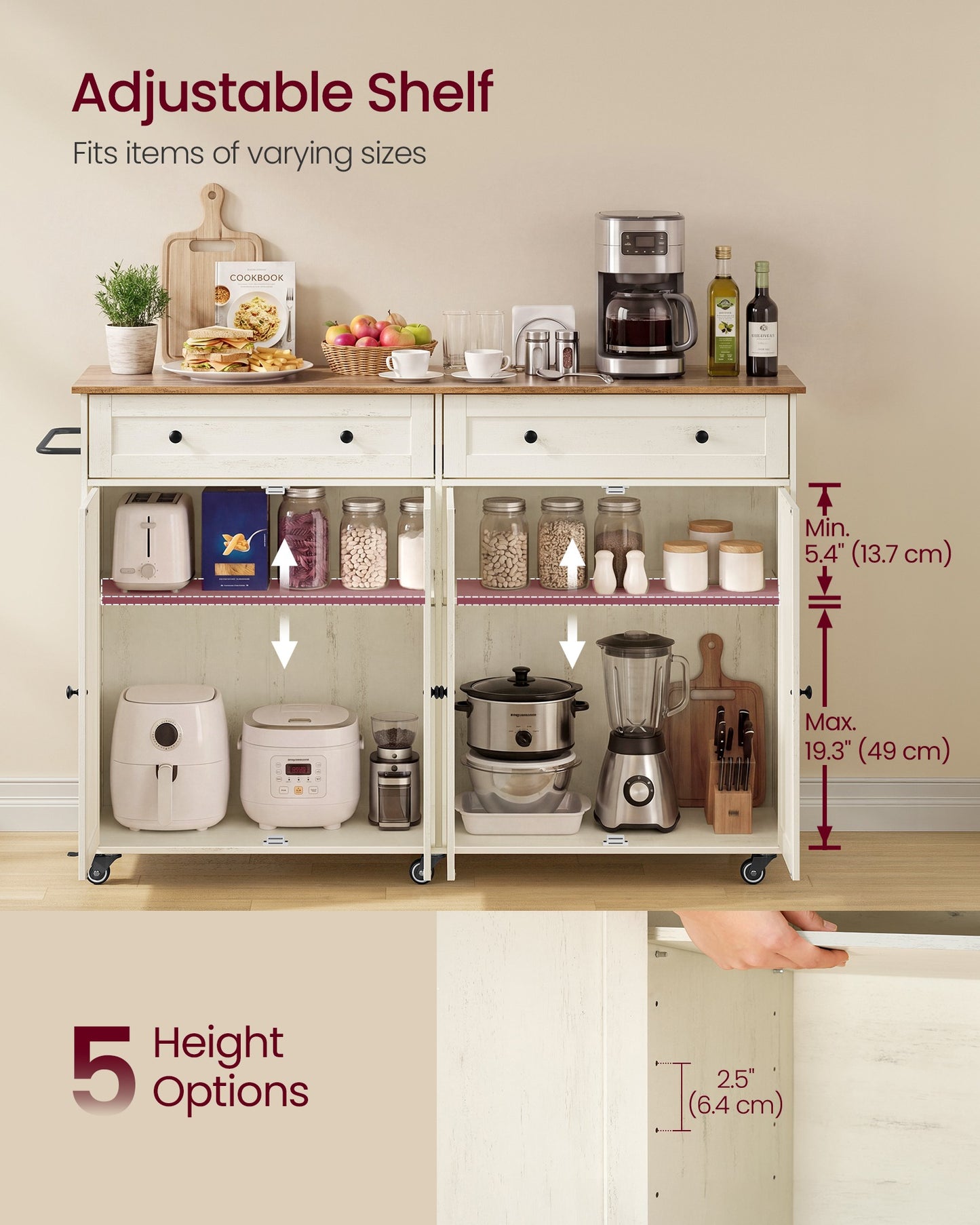 VASAGLE Mobile Kitchen Island – Rustic White, Honey Brown – 15.8"D x 53.7"W x 35.1"H