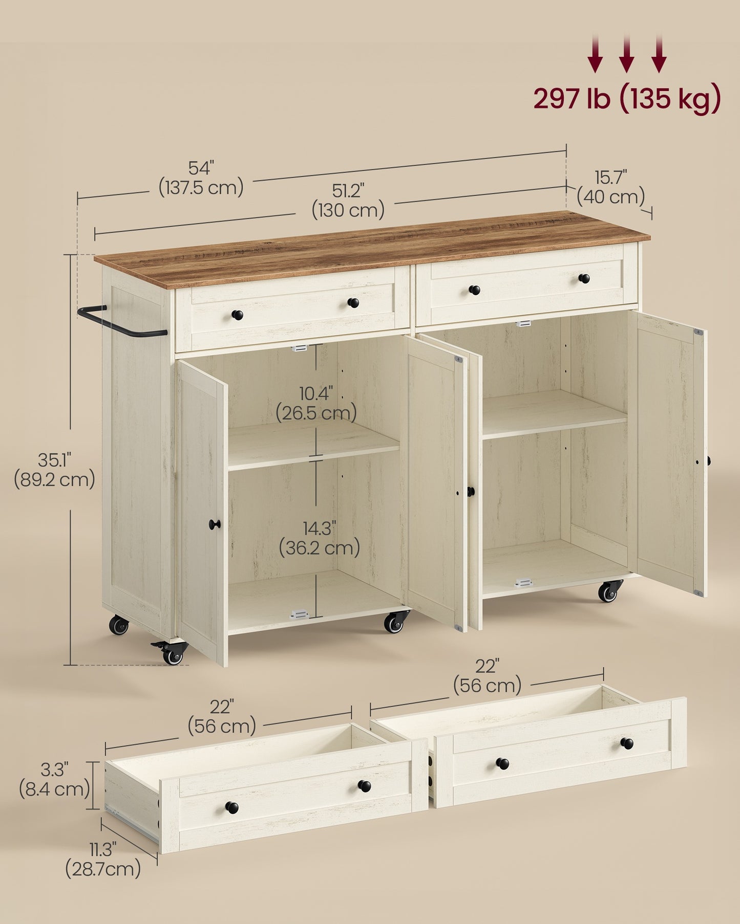 VASAGLE Mobile Kitchen Island – Rustic White, Honey Brown – 15.8"D x 53.7"W x 35.1"H