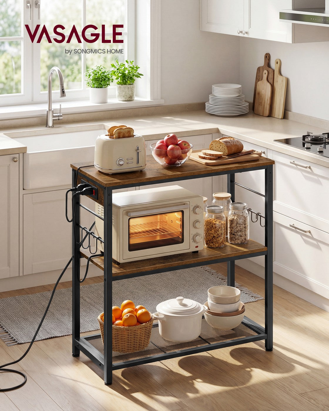 VASAGLE Metal Kitchen Island with Power Outlet and Hooks – Rustic Brown, Black