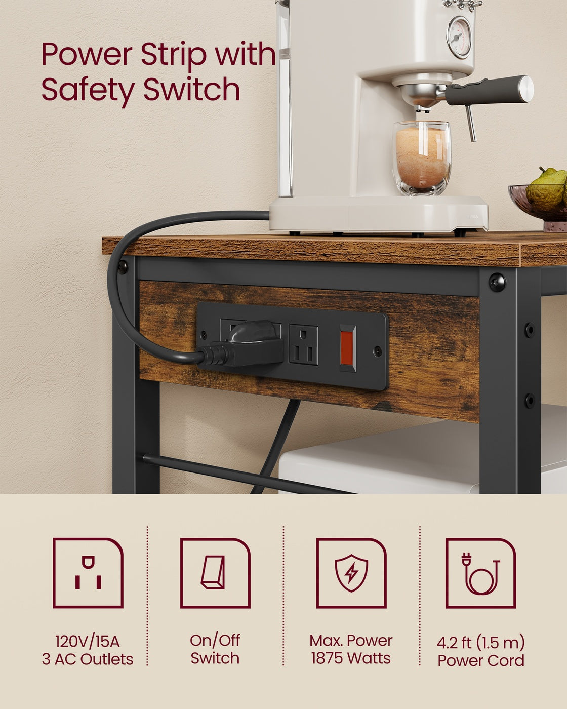 VASAGLE Metal Kitchen Island with Power Outlet and Hooks – Rustic Brown, Black