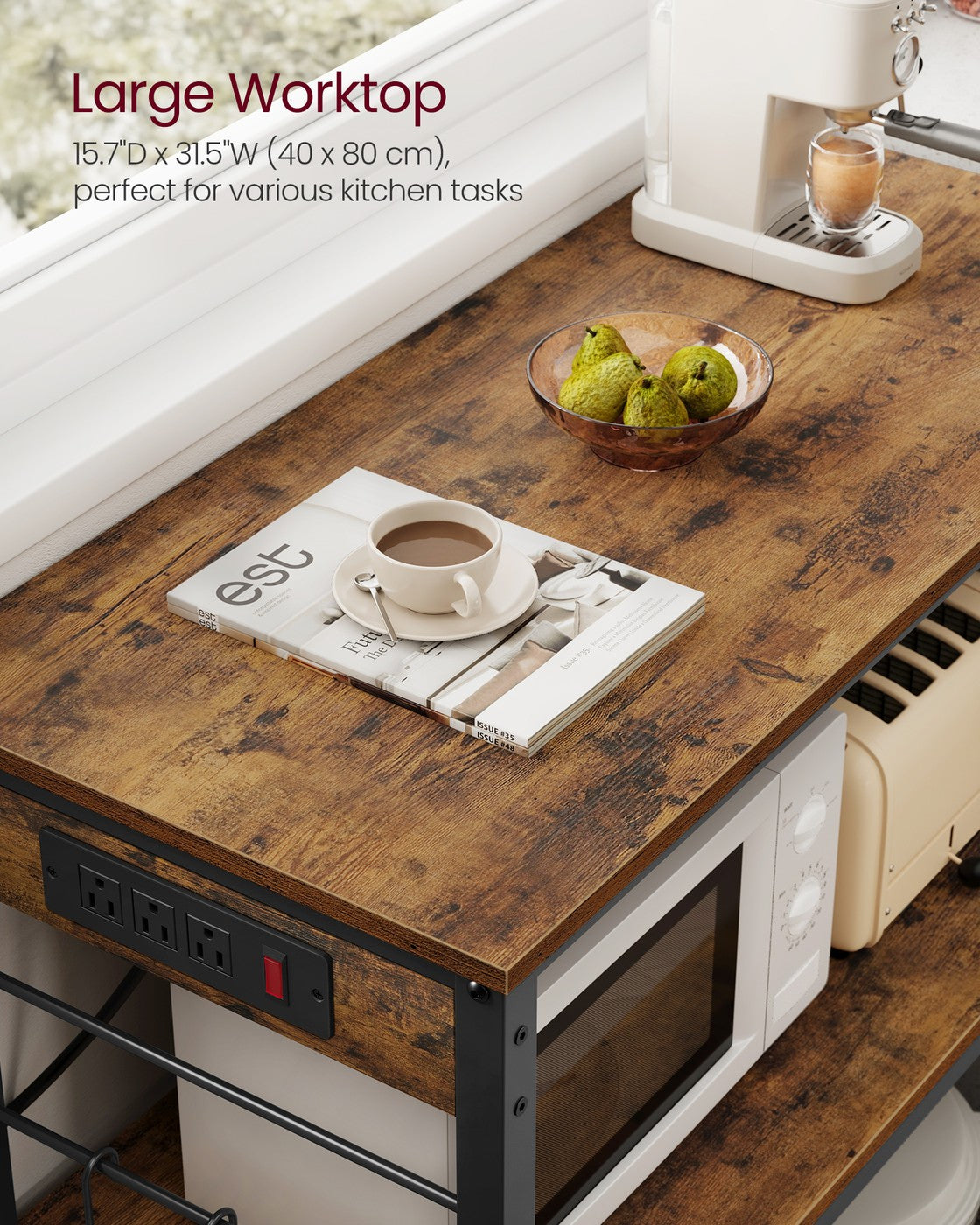 VASAGLE Metal Kitchen Island with Power Outlet and Hooks – Rustic Brown, Black