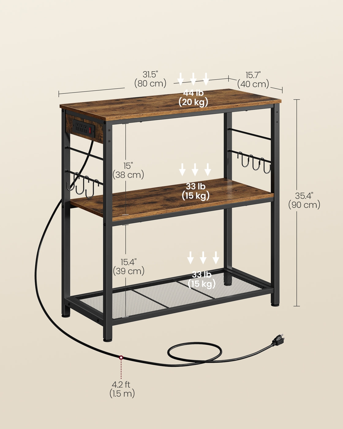 VASAGLE Metal Kitchen Island with Power Outlet and Hooks – Rustic Brown, Black