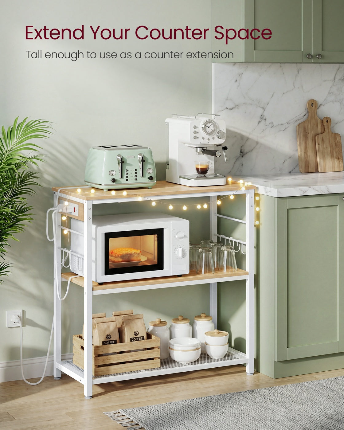 VASAGLE Metal Kitchen Island with Power Outlet and Hooks – Golden Oak, White