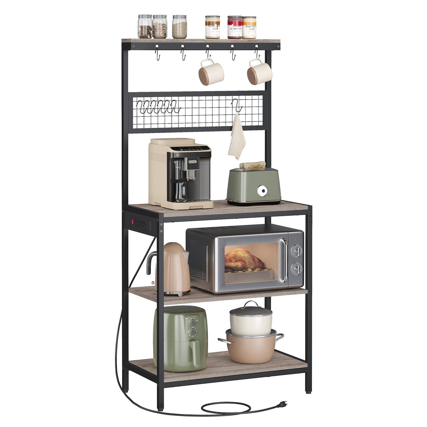 VASAGLE Bakers Rack with Charging Station – Heather Greige, Ink Black