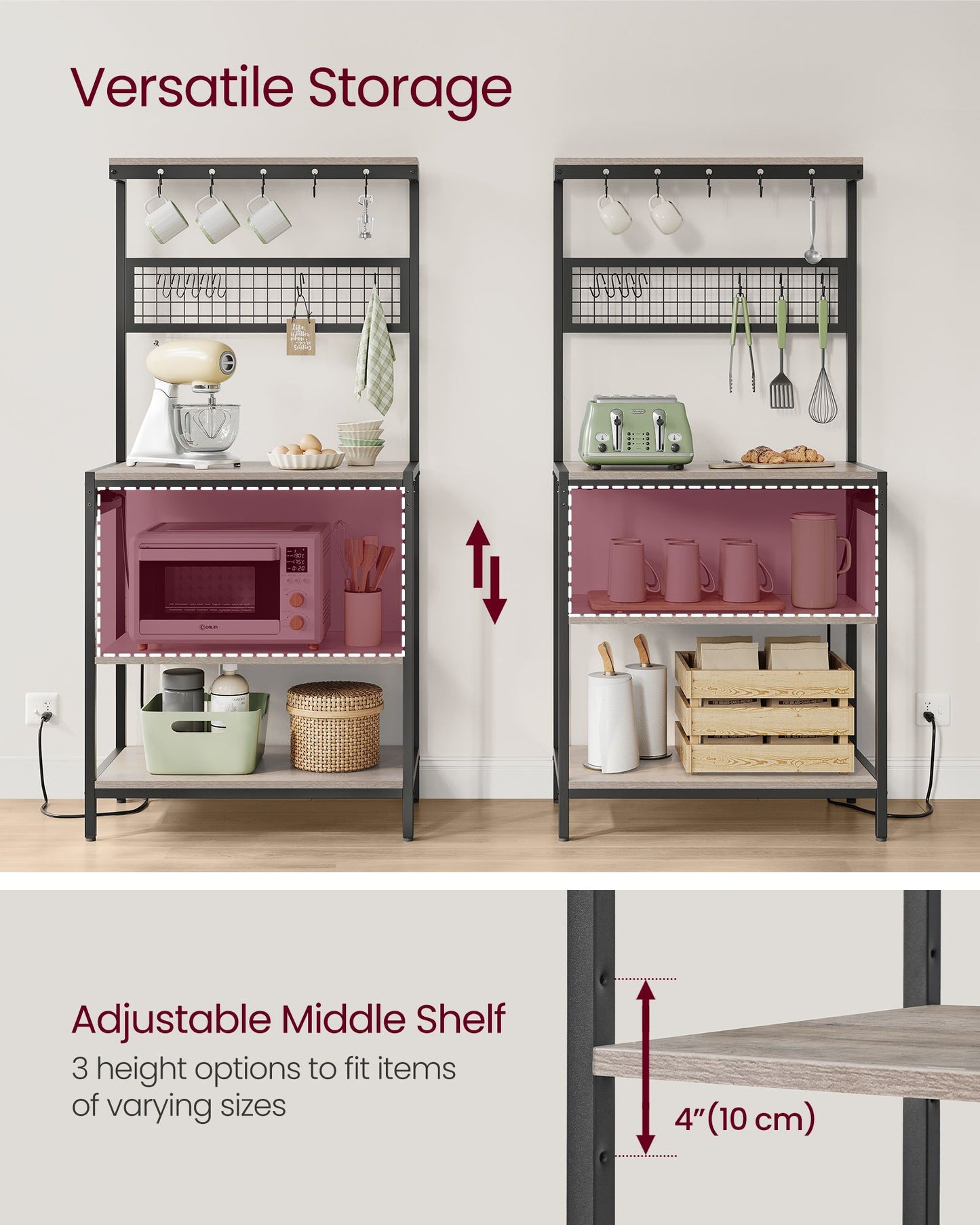 VASAGLE Bakers Rack with Charging Station – Heather Greige, Ink Black