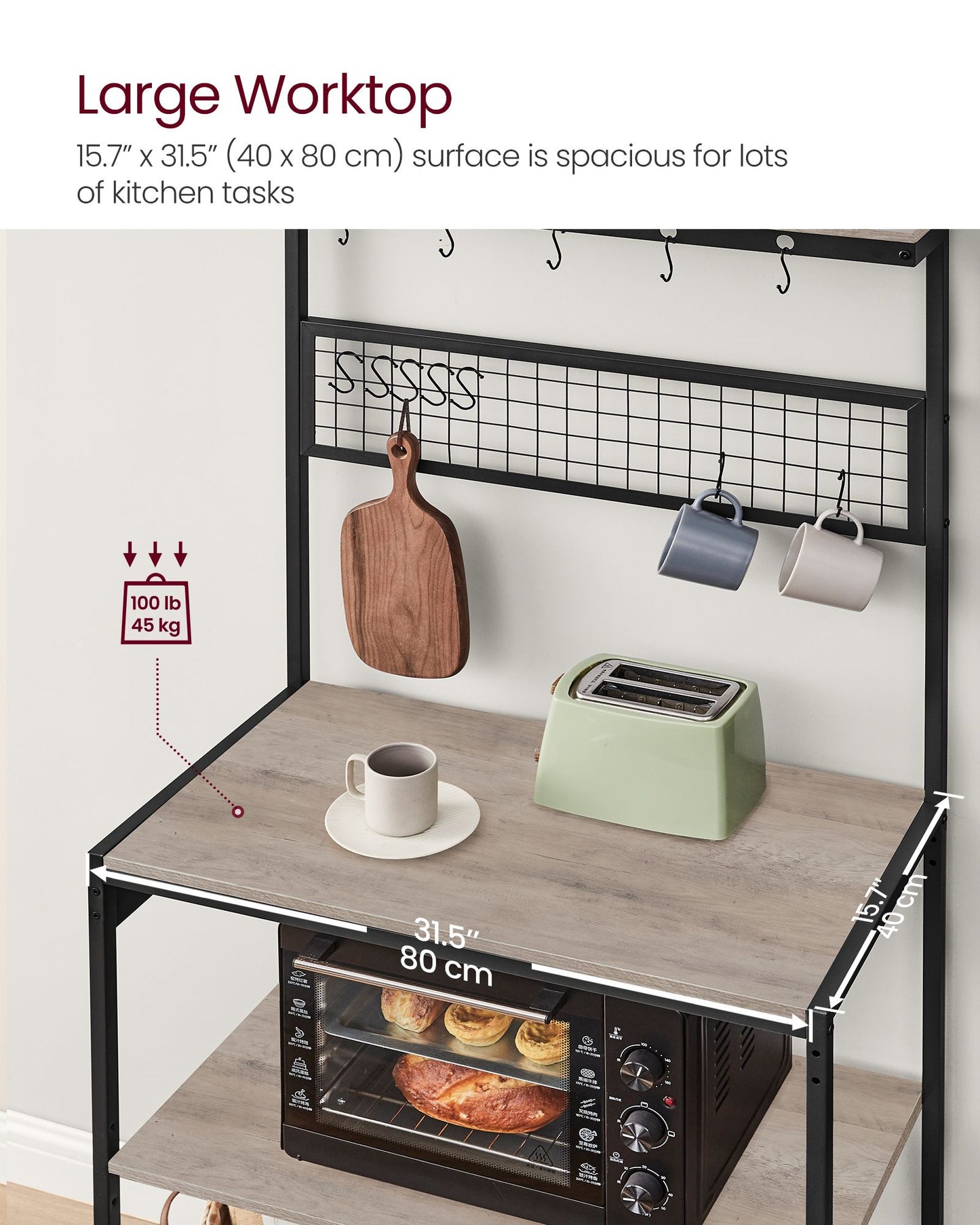 VASAGLE Bakers Rack with Charging Station – Heather Greige, Ink Black