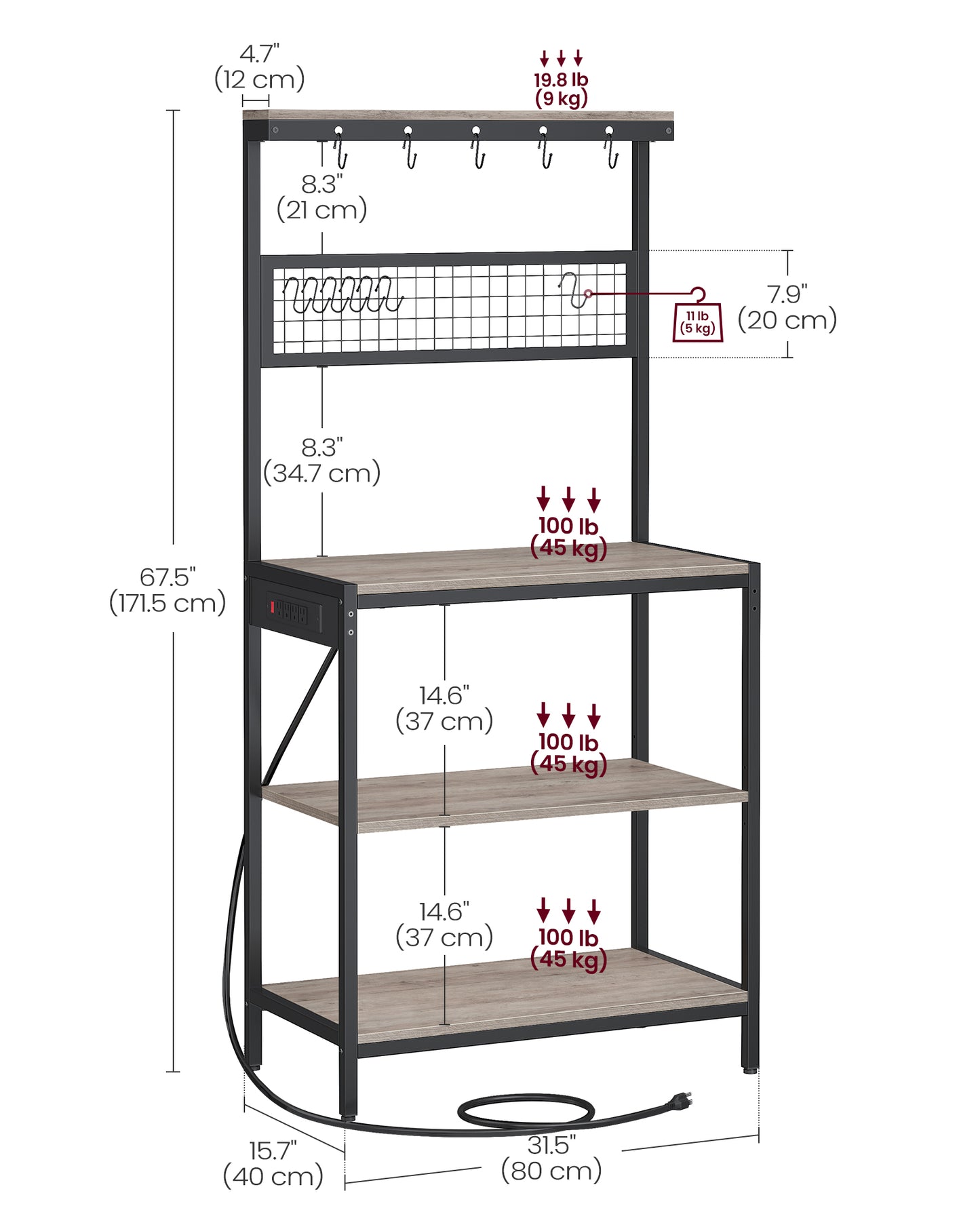 VASAGLE Bakers Rack with Charging Station – Heather Greige, Ink Black