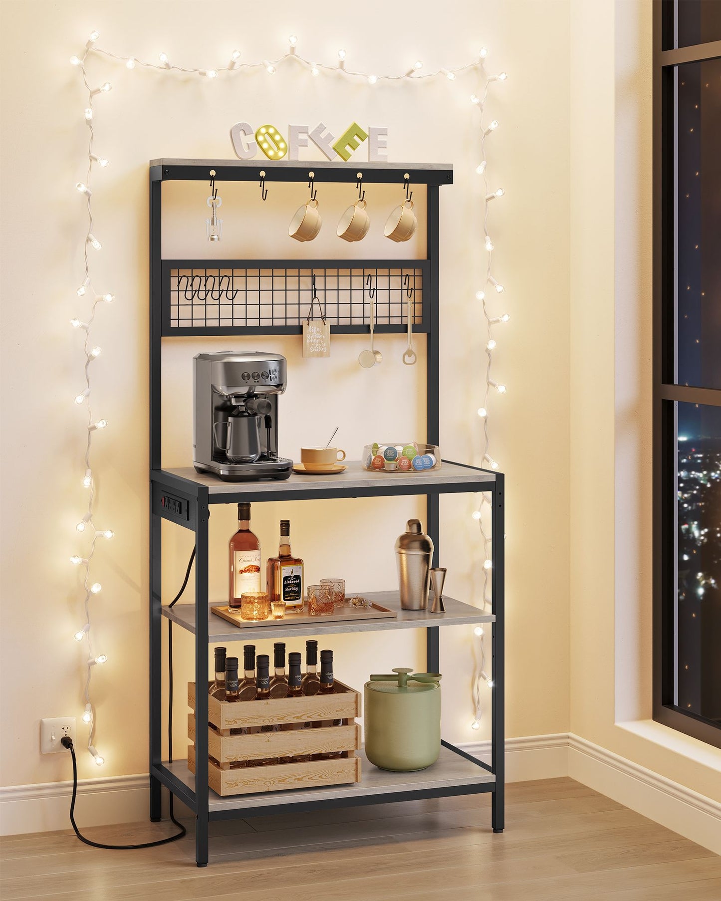 VASAGLE Bakers Rack with Charging Station – Heather Greige, Ink Black