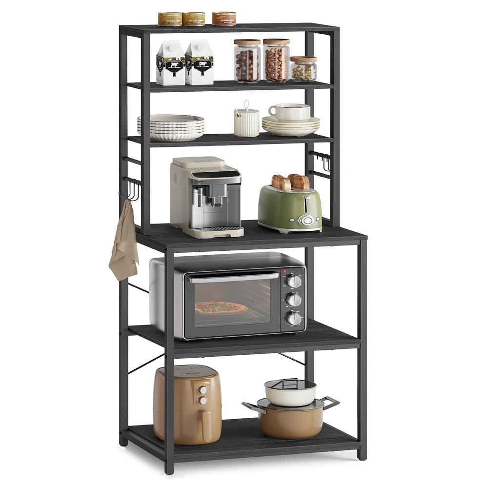 VASAGLE 6-Tier Kitchen Baker’S Rack, Microwave Stand, 6 Hooks, 15.8"X23.6"X65.8" – Charcoal Gray, Matte Black