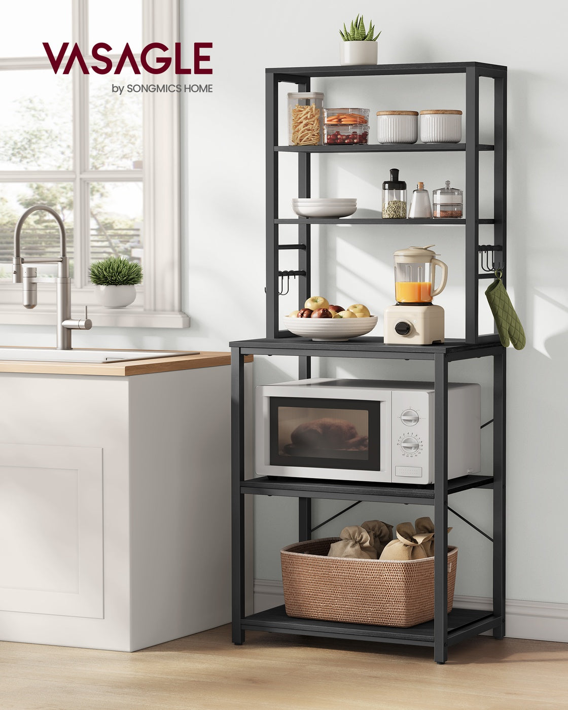 VASAGLE 6-Tier Kitchen Baker’S Rack, Microwave Stand, 6 Hooks, 15.8"X23.6"X65.8" – Charcoal Gray, Matte Black