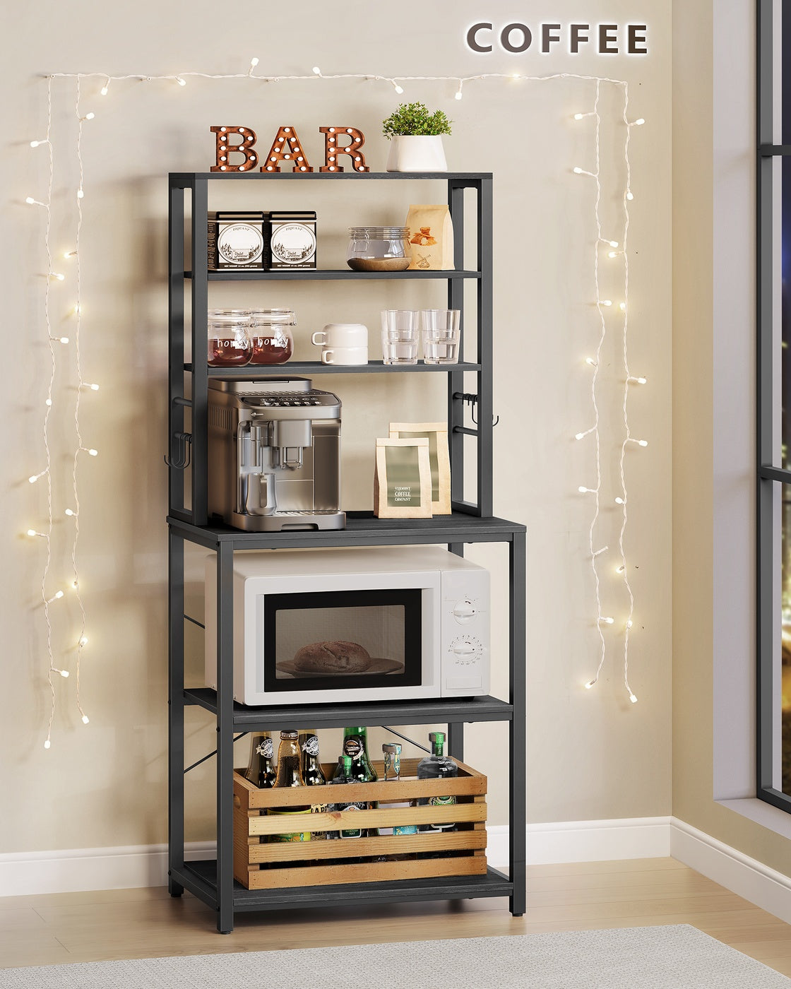 VASAGLE 6-Tier Kitchen Baker’S Rack, Microwave Stand, 6 Hooks, 15.8"X23.6"X65.8" – Charcoal Gray, Matte Black