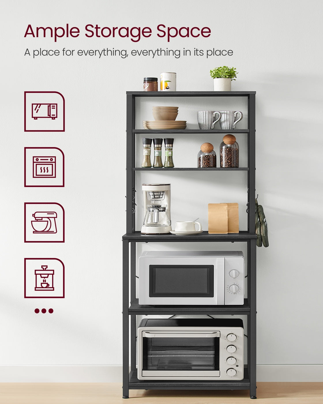 VASAGLE 6-Tier Kitchen Baker’S Rack, Microwave Stand, 6 Hooks, 15.8"X23.6"X65.8" – Charcoal Gray, Matte Black