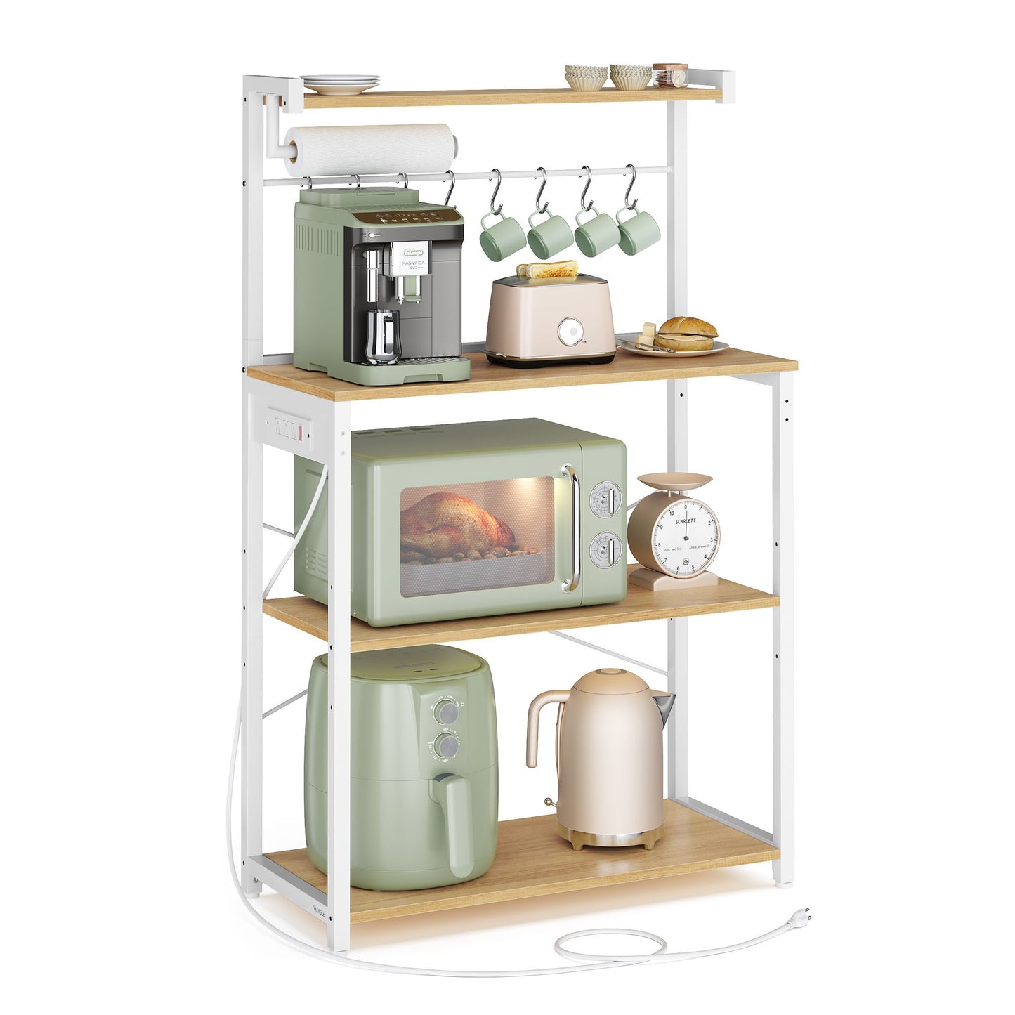 VASAGLE Barnet Kitchen Bakers Rack with Power Outlet – Golden Oak, Cloud White – 15.7"D x 31.5"W x 55.1"H