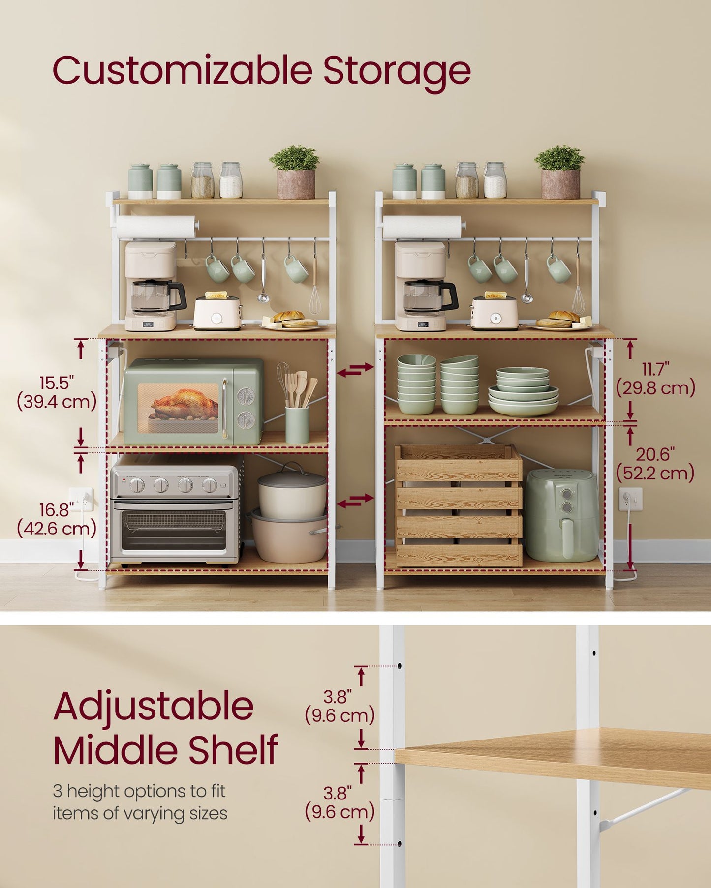 VASAGLE Barnet Kitchen Bakers Rack with Power Outlet – Golden Oak, Cloud White – 15.7"D x 31.5"W x 55.1"H