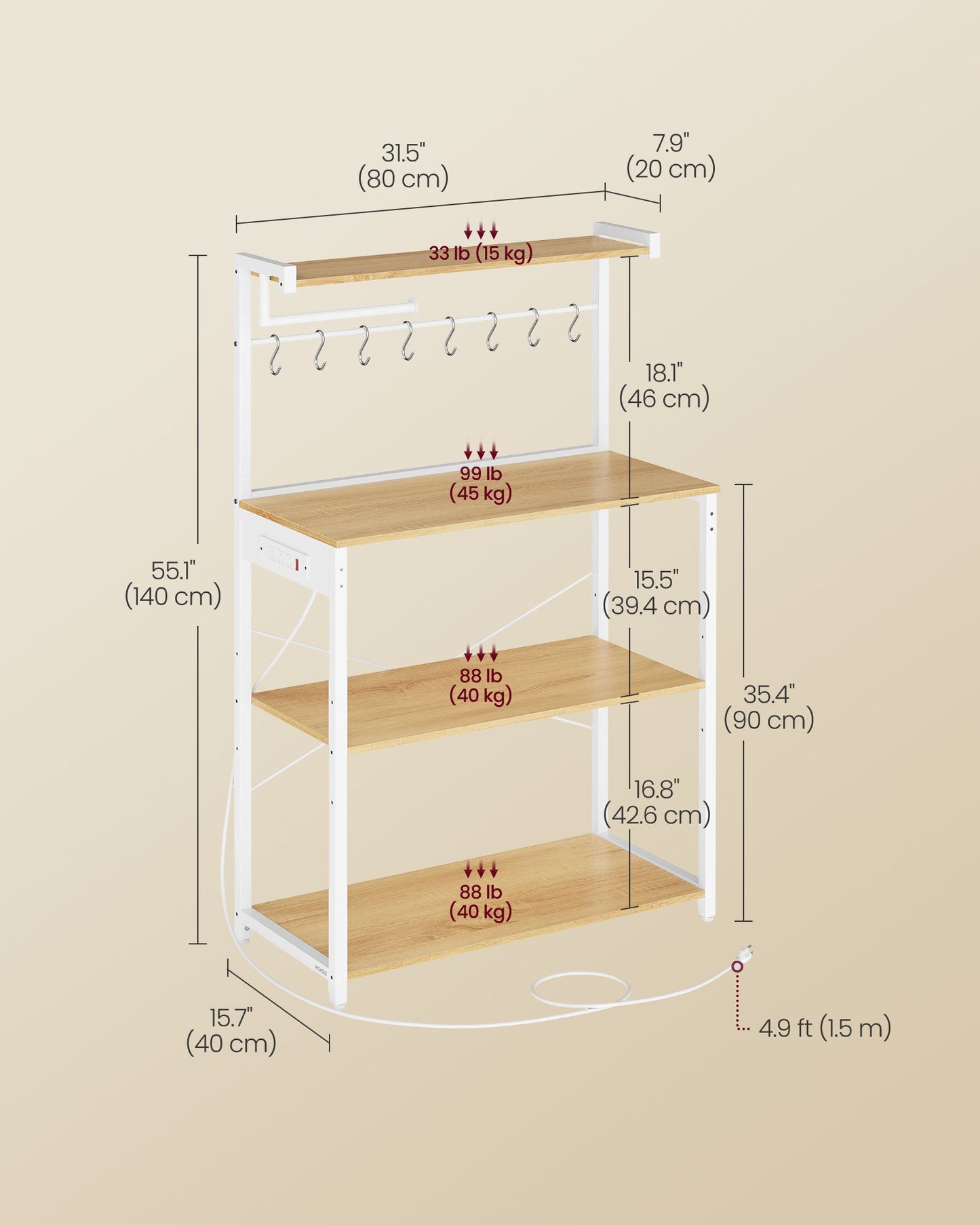 VASAGLE Barnet Kitchen Bakers Rack with Power Outlet – Golden Oak, Cloud White – 15.7"D x 31.5"W x 55.1"H