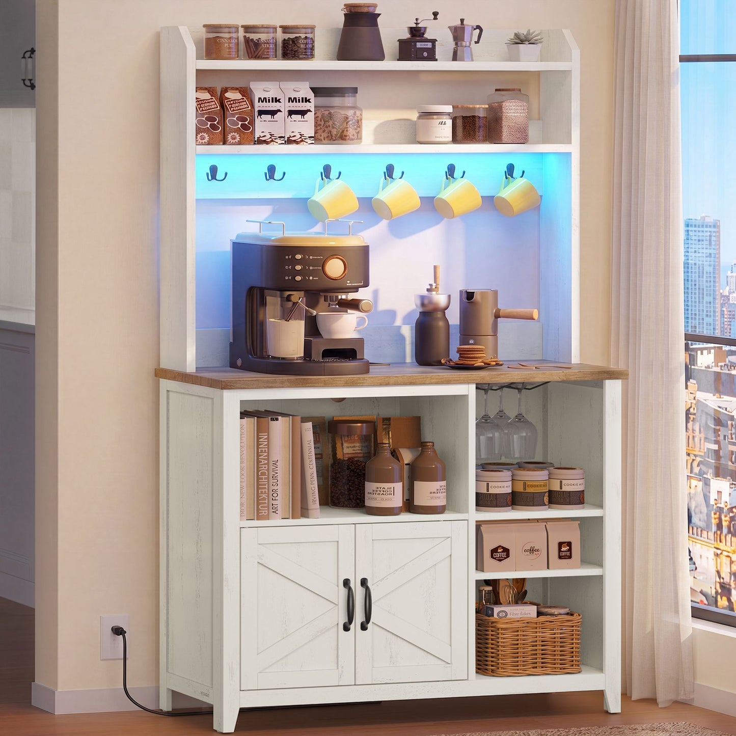 VASAGLE Farmhouse Coffee Bar Rack with LED Lights and Power Outlet – Rustic White and Honey Brown