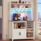 VASAGLE Farmhouse Coffee Bar Rack with LED Lights and Power Outlet – Rustic White and Honey Brown