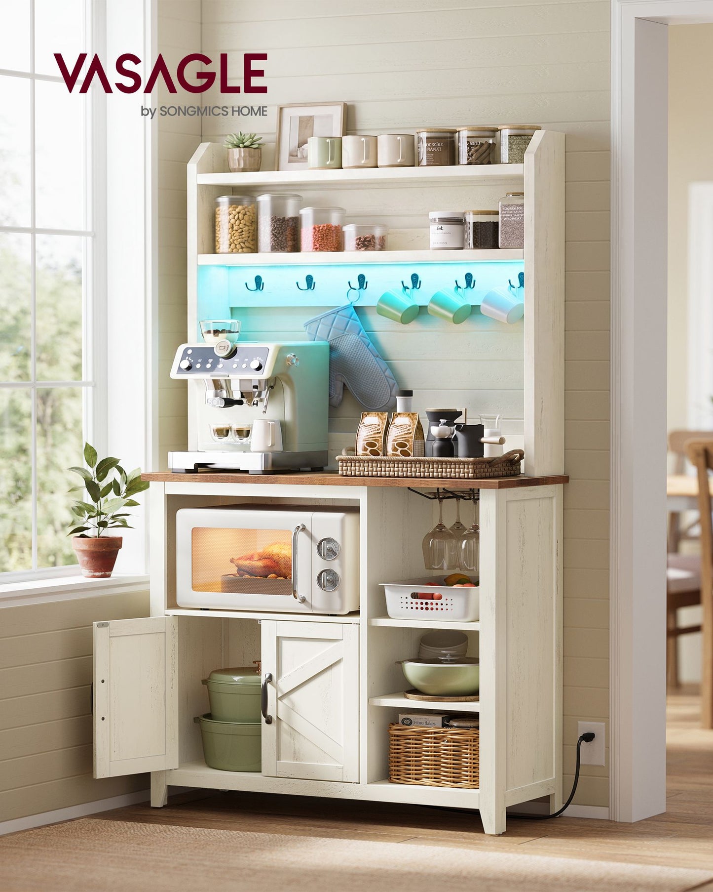 VASAGLE Farmhouse Coffee Bar Rack with LED Lights and Power Outlet – Rustic White and Honey Brown