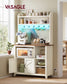 VASAGLE Farmhouse Coffee Bar Rack with LED Lights and Power Outlet – Rustic White and Honey Brown