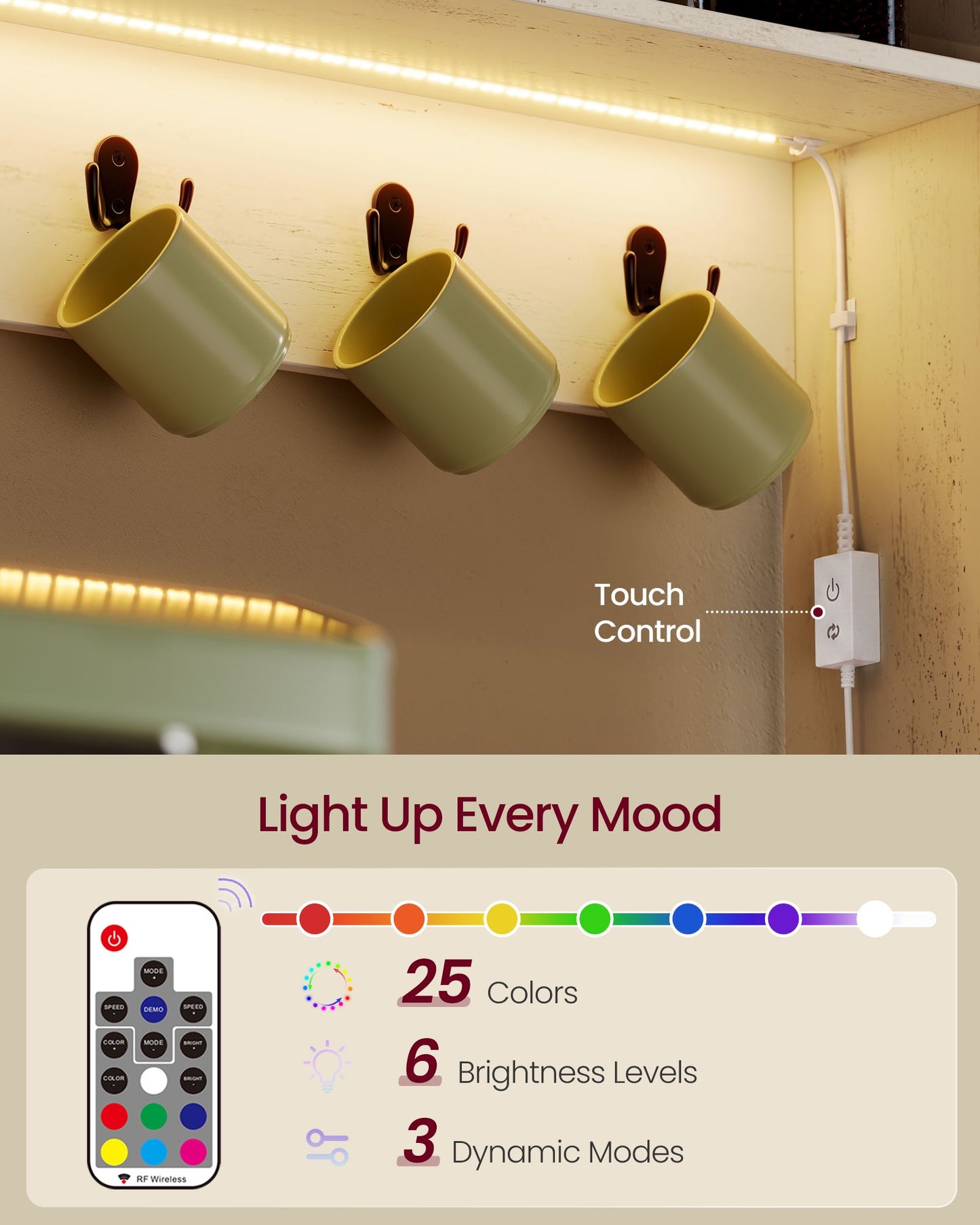 VASAGLE Farmhouse Coffee Bar Rack with LED Lights and Power Outlet – Rustic White and Honey Brown