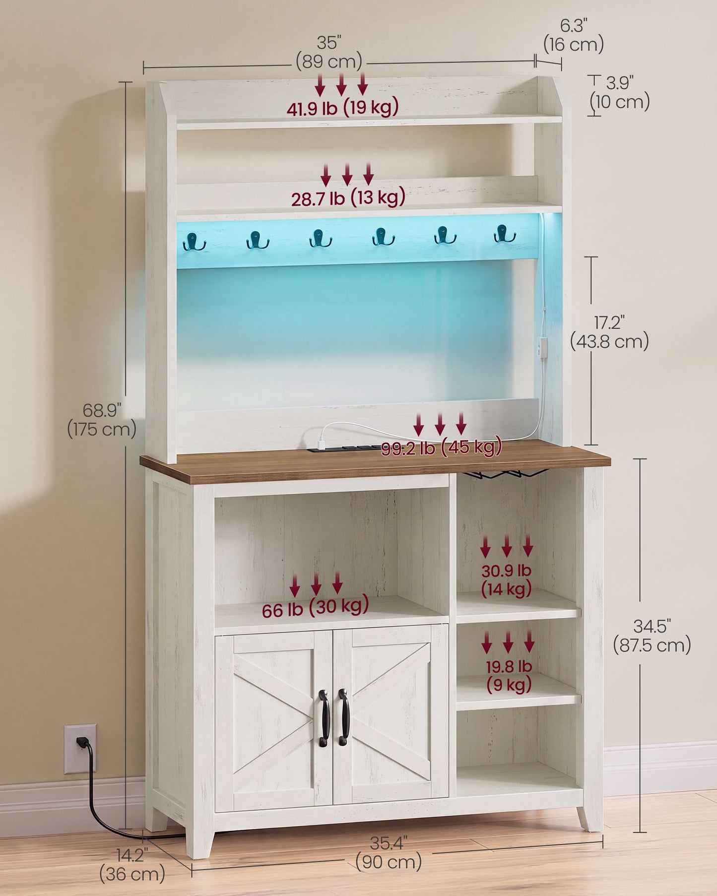 VASAGLE Farmhouse Coffee Bar Rack with LED Lights and Power Outlet – Rustic White and Honey Brown
